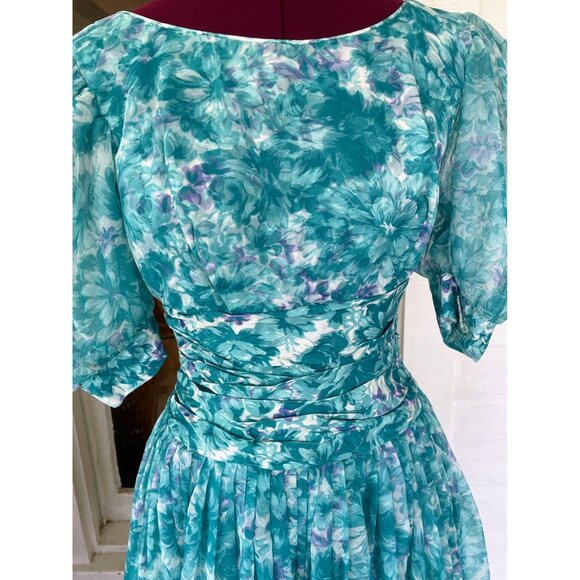 Vintage 1950d Floral  Blue Dress With Puff Sleeves Tulle Puff Skirt Sz Small - Picture 3 of 16